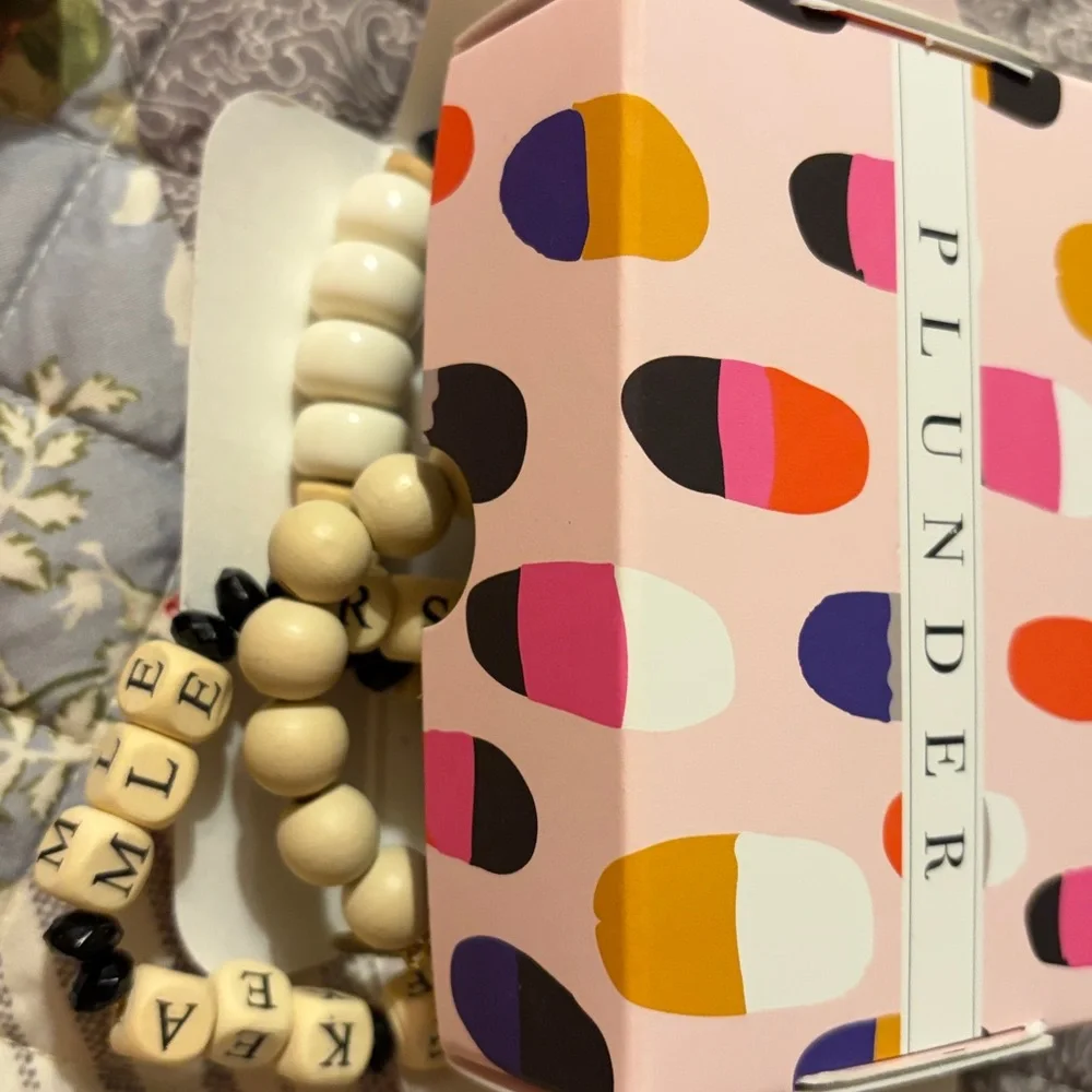 Plunder Pink Polka Dot Accessory Box with tissue and 4 braclets. Black,tan,white